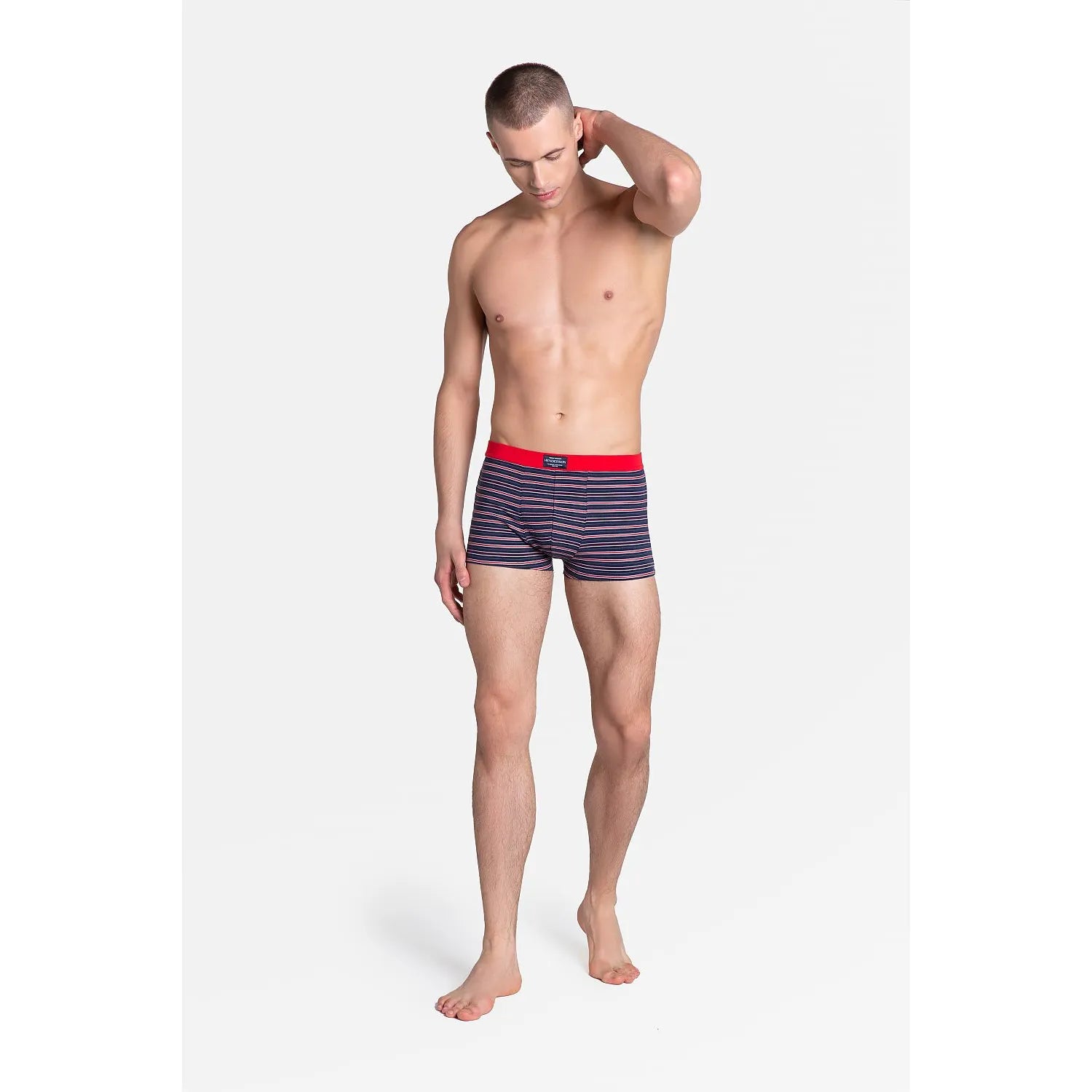 Boxer hommes intemporel rayures horizontales bleu marine noir coton élasthanne extensible bande élastique rouge logo centré coupe sportive confort