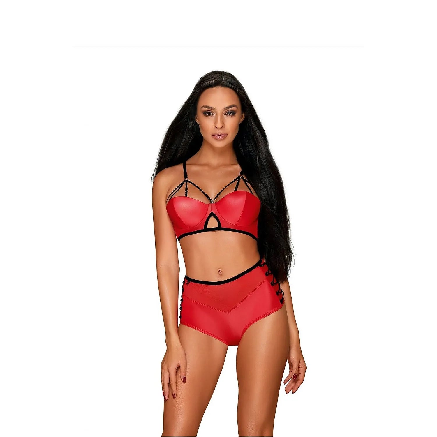 ensemble lingerie sexy rouge tulle satin similicuir taille haute bretelles ajustables bonnets moulés découpes géométriques noirs laçages latéraux maintien confort