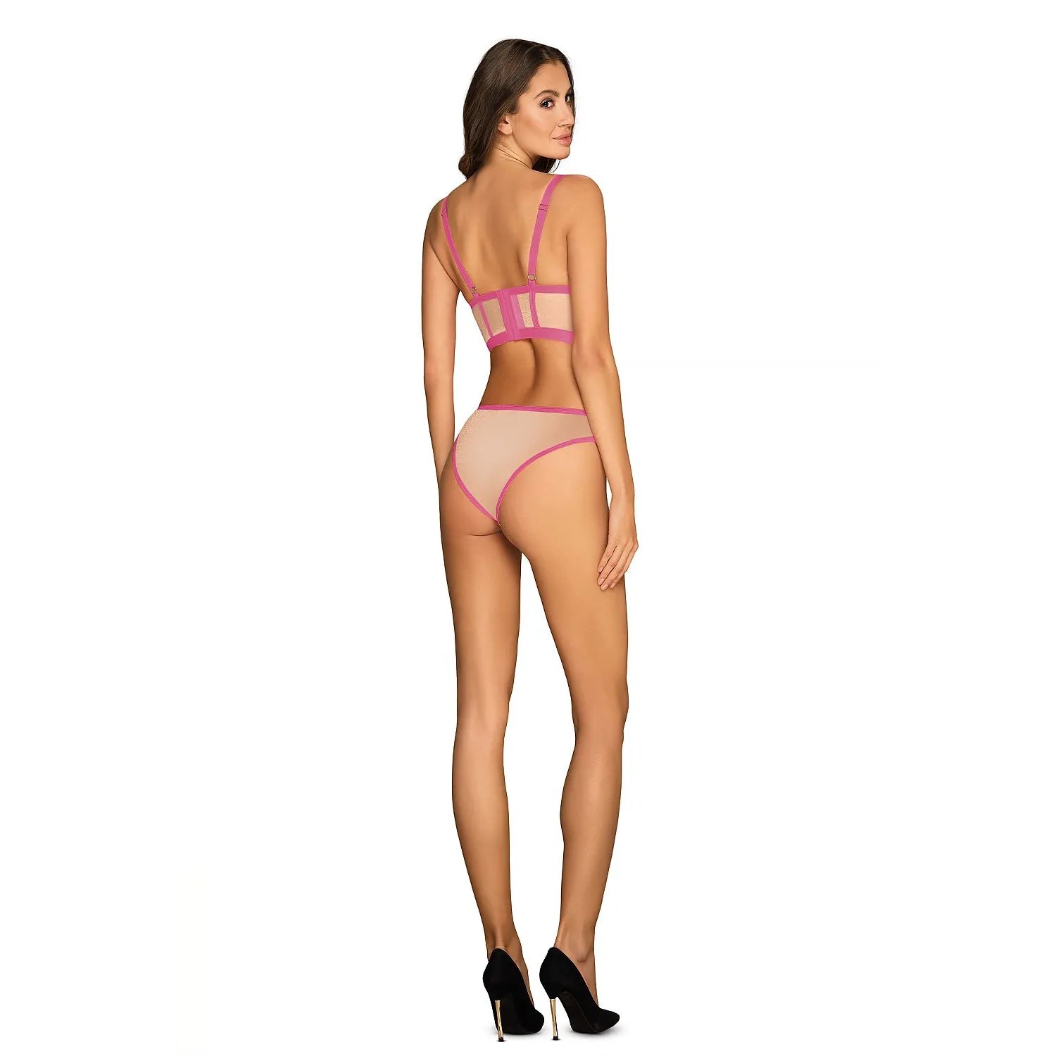 Ensemble lingerie Obsessive rose beige, balconnet et culotte tulle, effet corset, design élégant et séduisant.