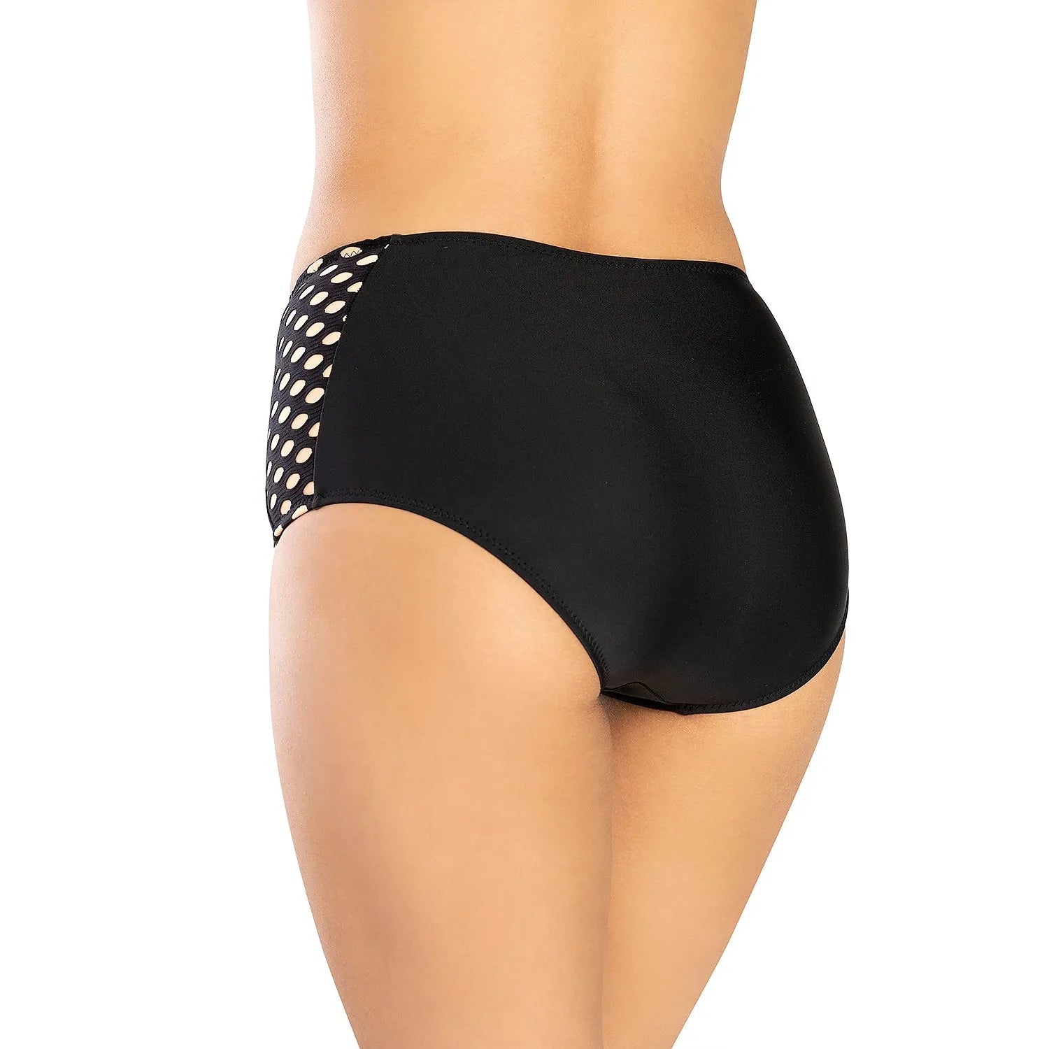 Culottes nageur Marko 156071, noir à pois beige, taille haute, tissu italien, élégantes et confortables, vue de dos.