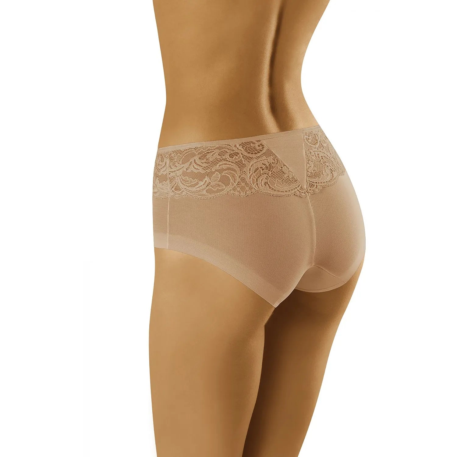 Culotte féminine beige en dentelle et microfibre, taille haute, motif floral, confort optimal, vue arrière.