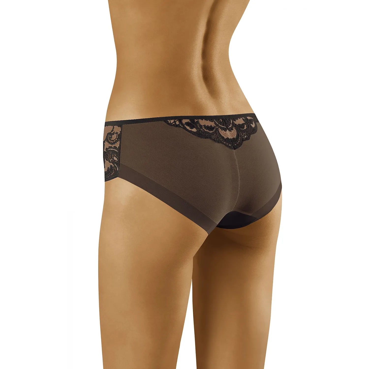 Culotte noire Wolbar 156217 en dentelle florale, taille basse, sans couture, élégante et confortable, vue de dos.