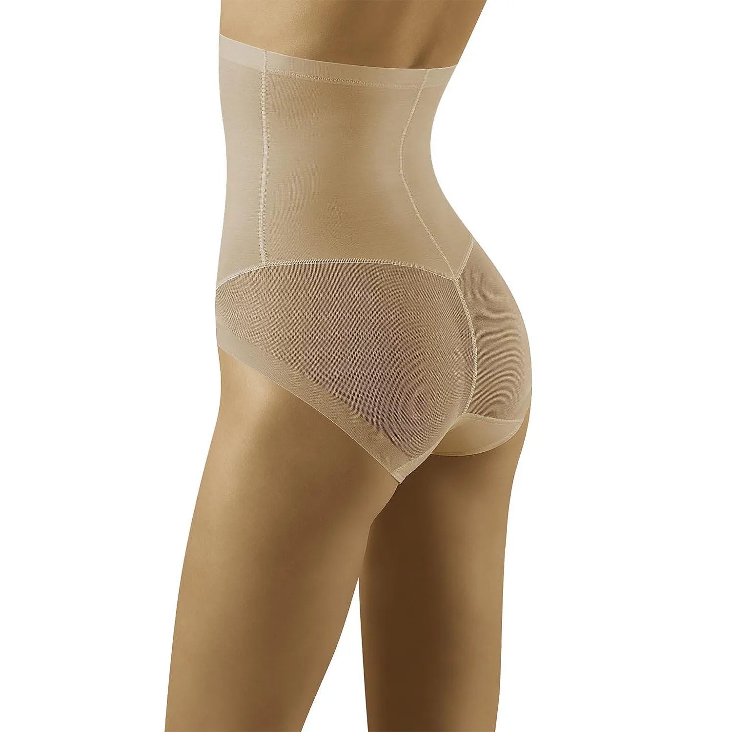 Culotte gainante beige taille haute, microfibre, silicone antiglisse, panneaux transparents, effet sculptant ventre et han...