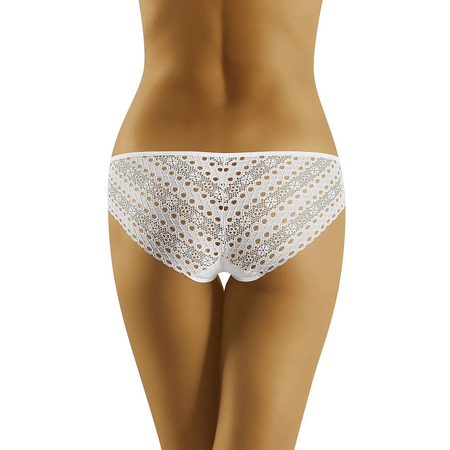 Culotte Wolbar blanche, dentelle perforée élégante, dos à motifs circulaires, lingerie féminine raffinée et confortable.