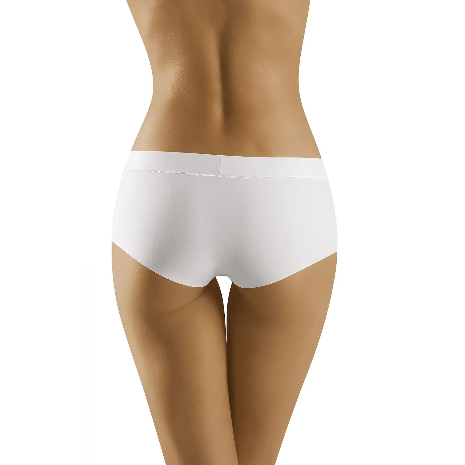 Culotte boxer blanche Wolbar 156577, taille basse, sans couture, tricot doux extensible, couvrance hanches et fesses.