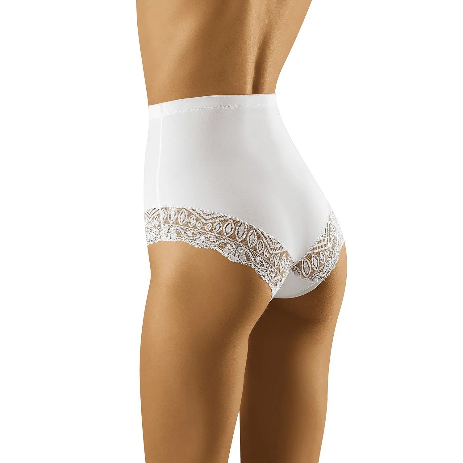 Culotte haute blanche en dentelle, design élégant et confortable, maintien optimal, idéale pour sublimer la silhouette.