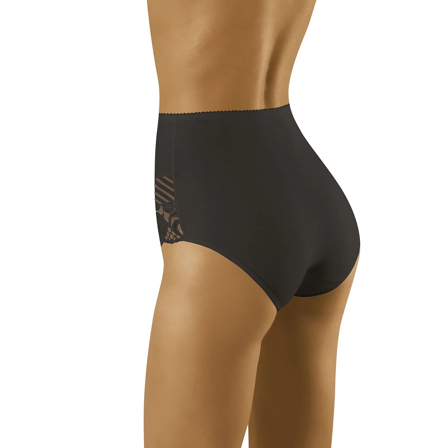 Culotte taille haute noire Wolbar 156611 avec dentelle tulle rayé, élégante et confortable pour silhouette affinée.