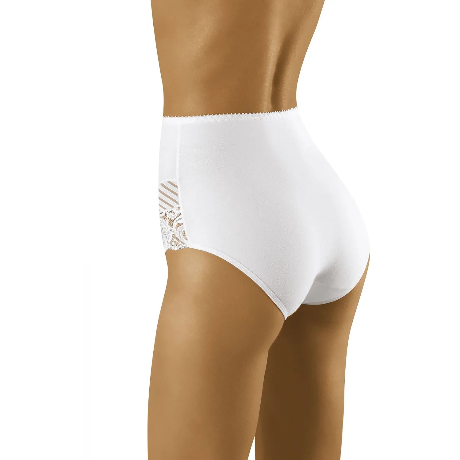 Culotte taille haute blanche en dentelle et tulle transparent, design moderne et élégant, confort et maintien optimal.