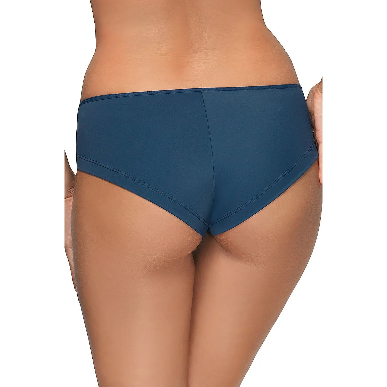 Culotte brésilienne taille haute bleu foncé en dentelle florale, microfibre extensible, élégante et confortable.
