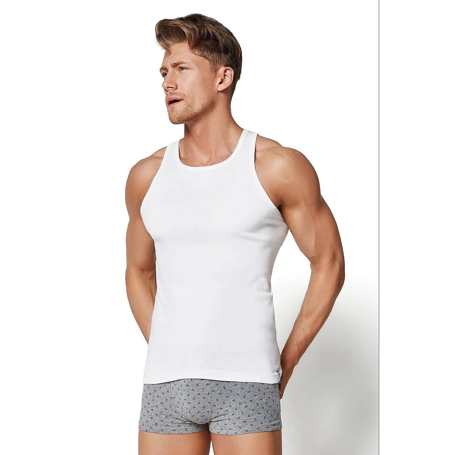 débardeur boxer homme coton coupe ajustée confortable respirant maintien élastique bretelles larges encolure ronde motifs subtils gris clair intemporel