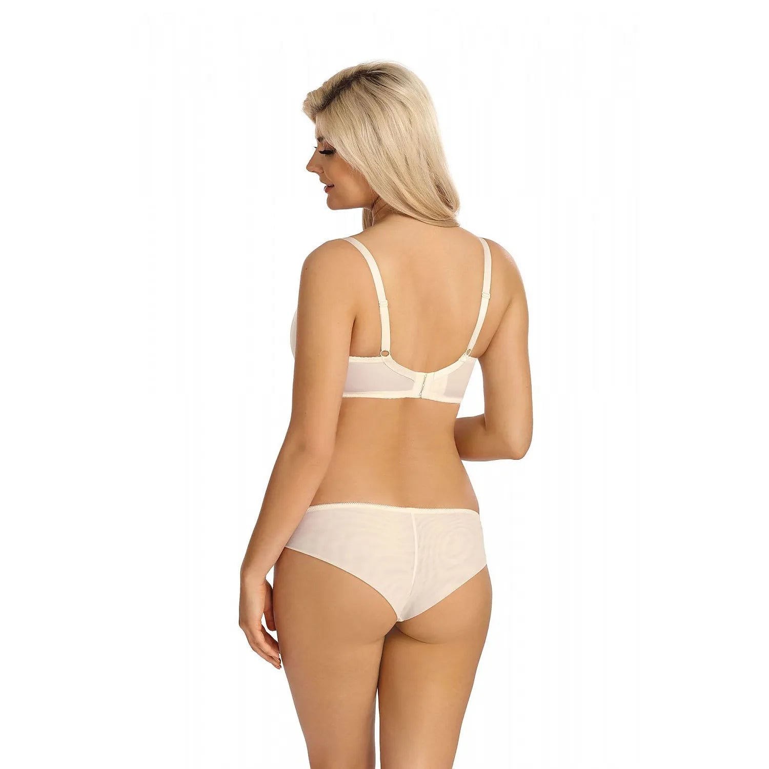 Ensemble lingerie dentelle florale beige, soutien-gorge à armatures, bretelles ajustables, bas assortis, tulle transparent.