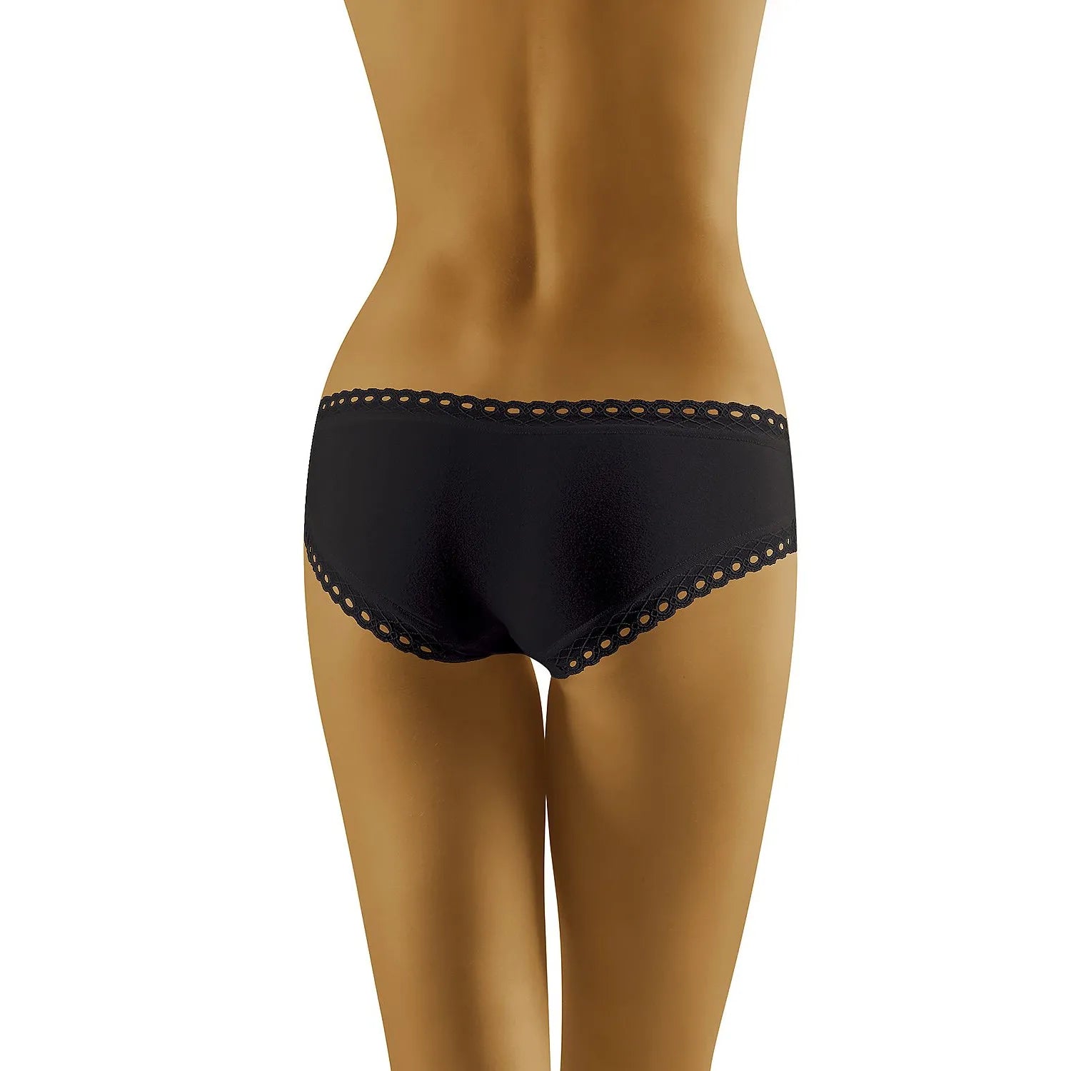 Culotte noire en coton lisse avec bordure dentelle ajourée, ceinture microfibres, design classique et élégant.