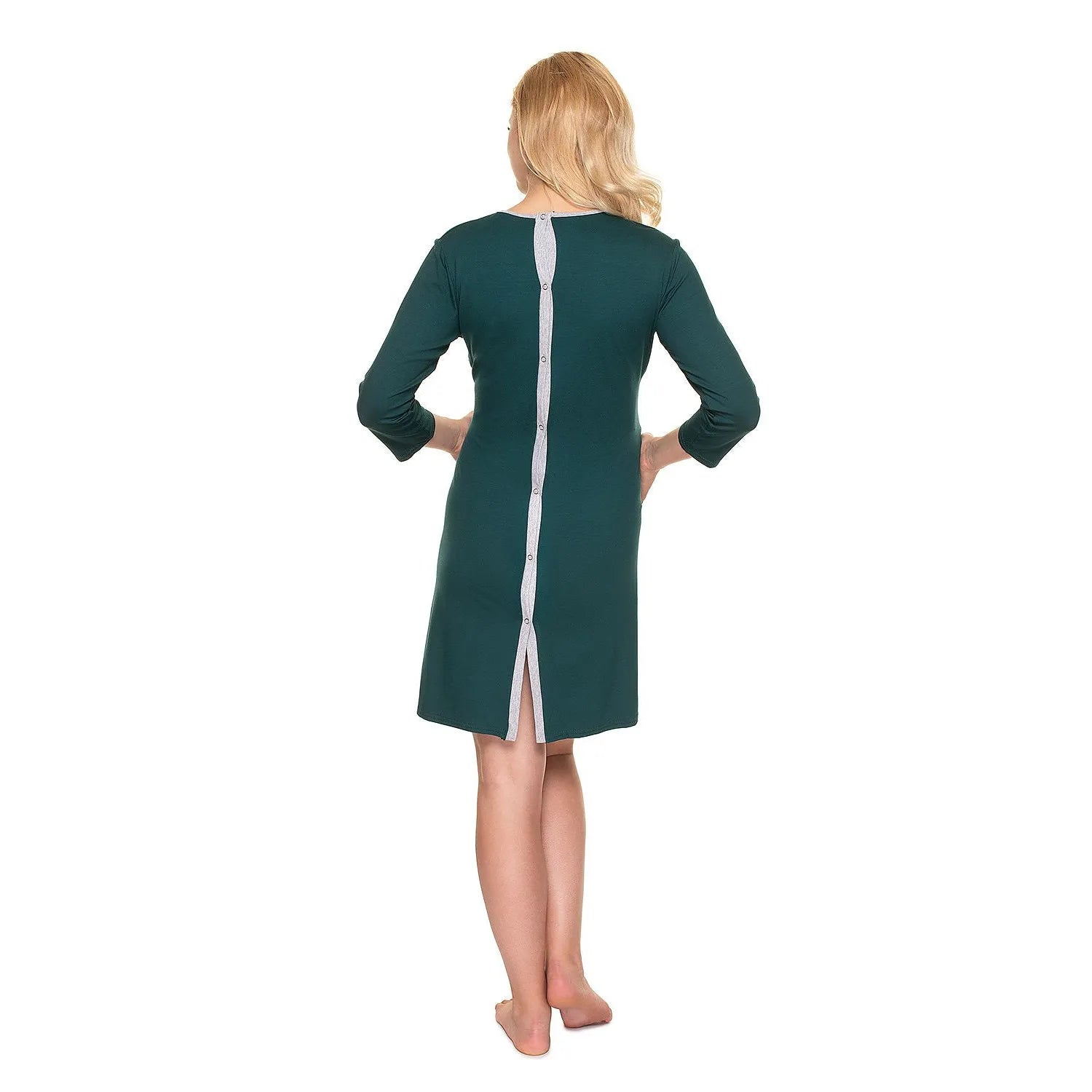 Chemise de nuit maternité vert foncé Pee Ka Boo, manches 3/4, ajustement ample, tissu doux, vue arrière.
