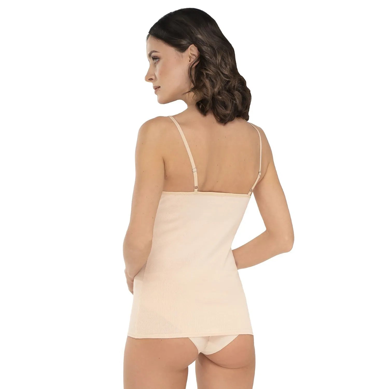 Blouse Babell beige en coton avec dentelle, bretelles ajustables, bonnets profilés, vue arrière, confort et élégance.