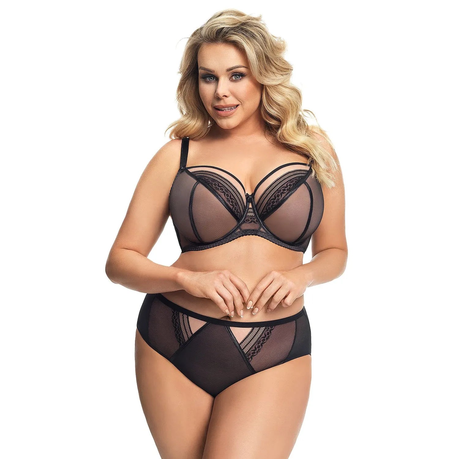 Culotte taille haute noire en dentelle Gorsenia, design élégant et soutien-gorge balconnet transparent pour maintien optimal.