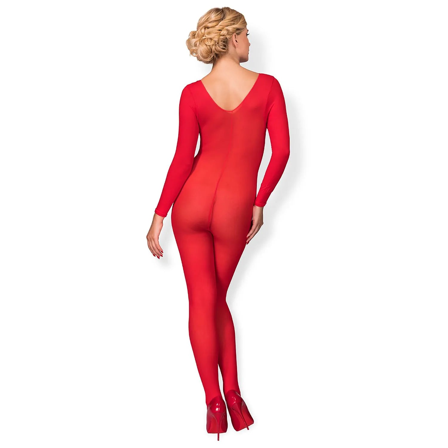 Bodystocking rouge moulant intégral manches longues, décolleté V, couvrant jambes et chevilles, lingerie sexy élégante.