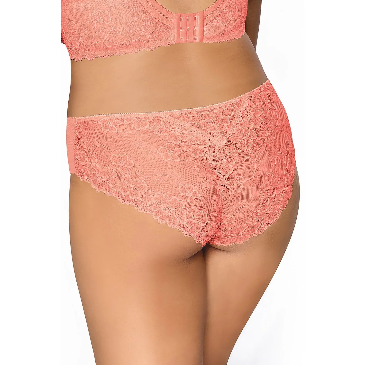 Culotte corail en dentelle florale avec nœud avant, tulle sur les côtés, bords élastiques, tailles 36-44.