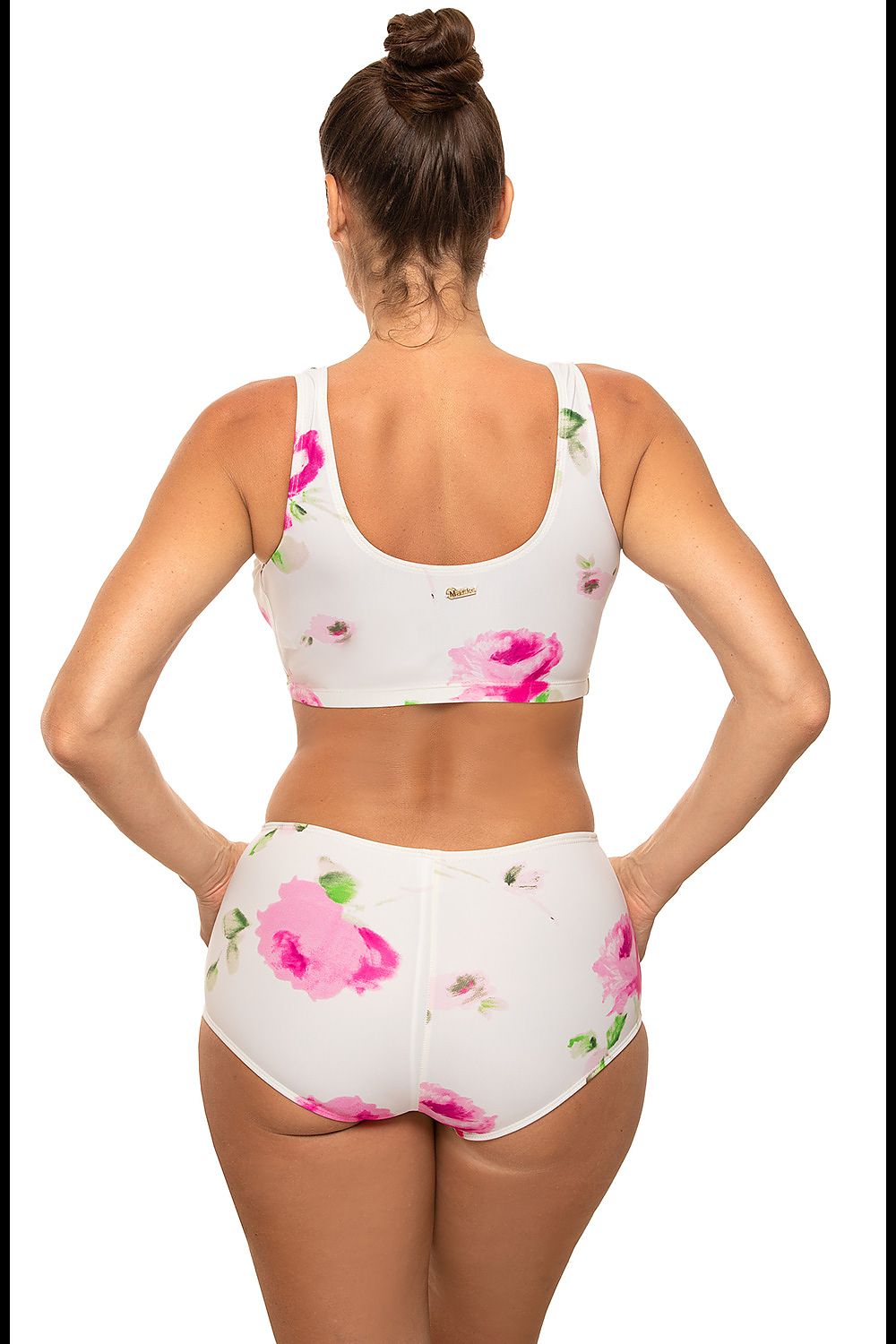 Maillot de bain deux pièces blanc à fleurs roses, soutien-gorge top élastique sans push-up, culotte haute, tissu Carvico.
