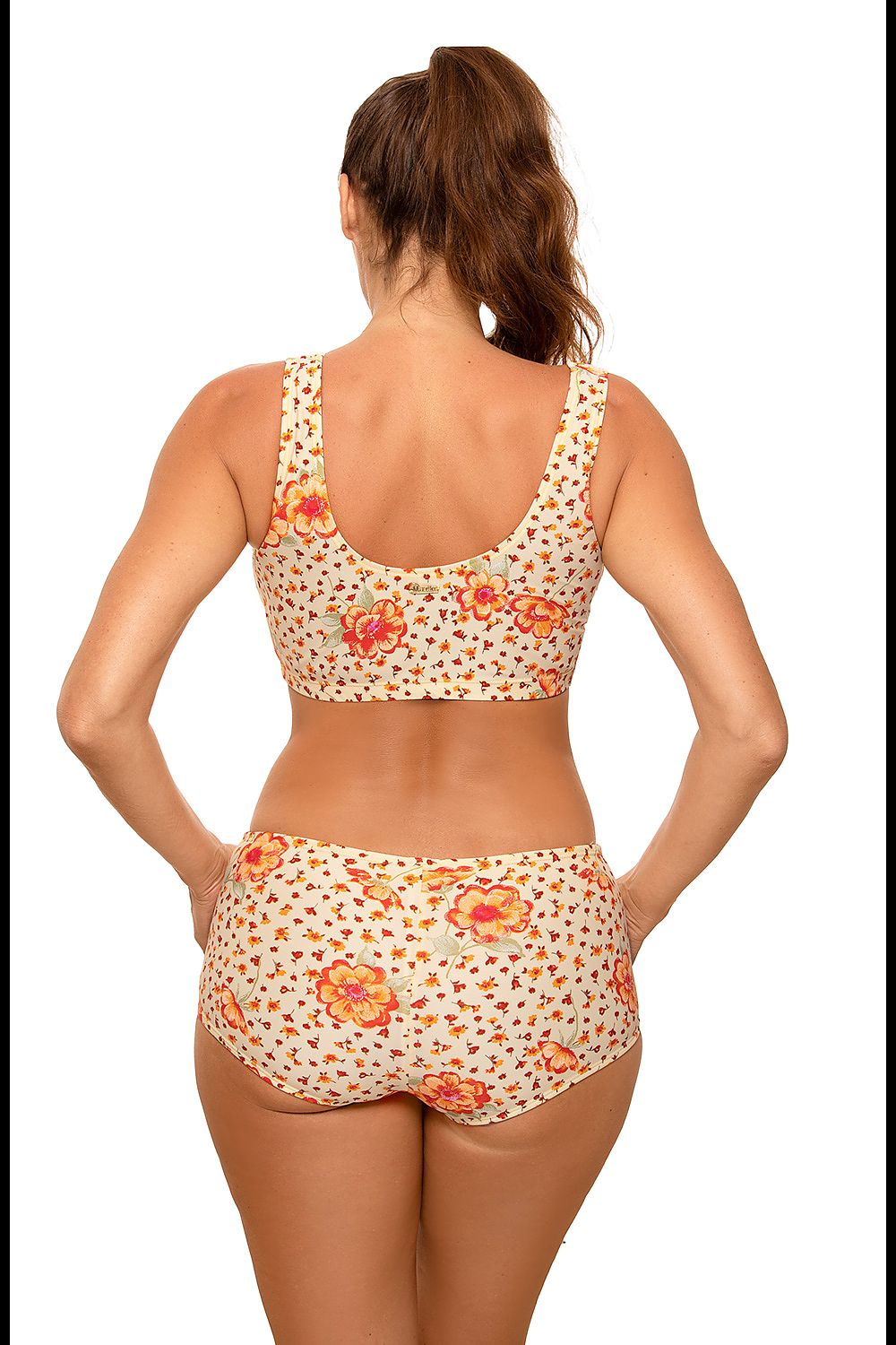 Maillot de bain deux pièces fleuri, soutien-gorge top élastique, culotte haute, tissu italien Carvico Tessuti.