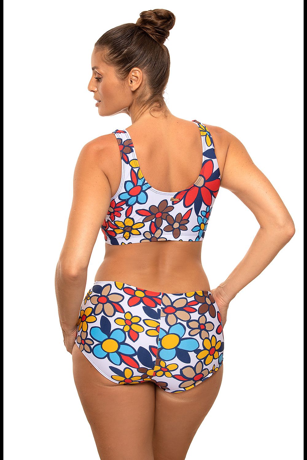 Maillot de bain deux pièces fleuri, top élastique sans push-up, culotte haute, tissu italien, bretelles larges.