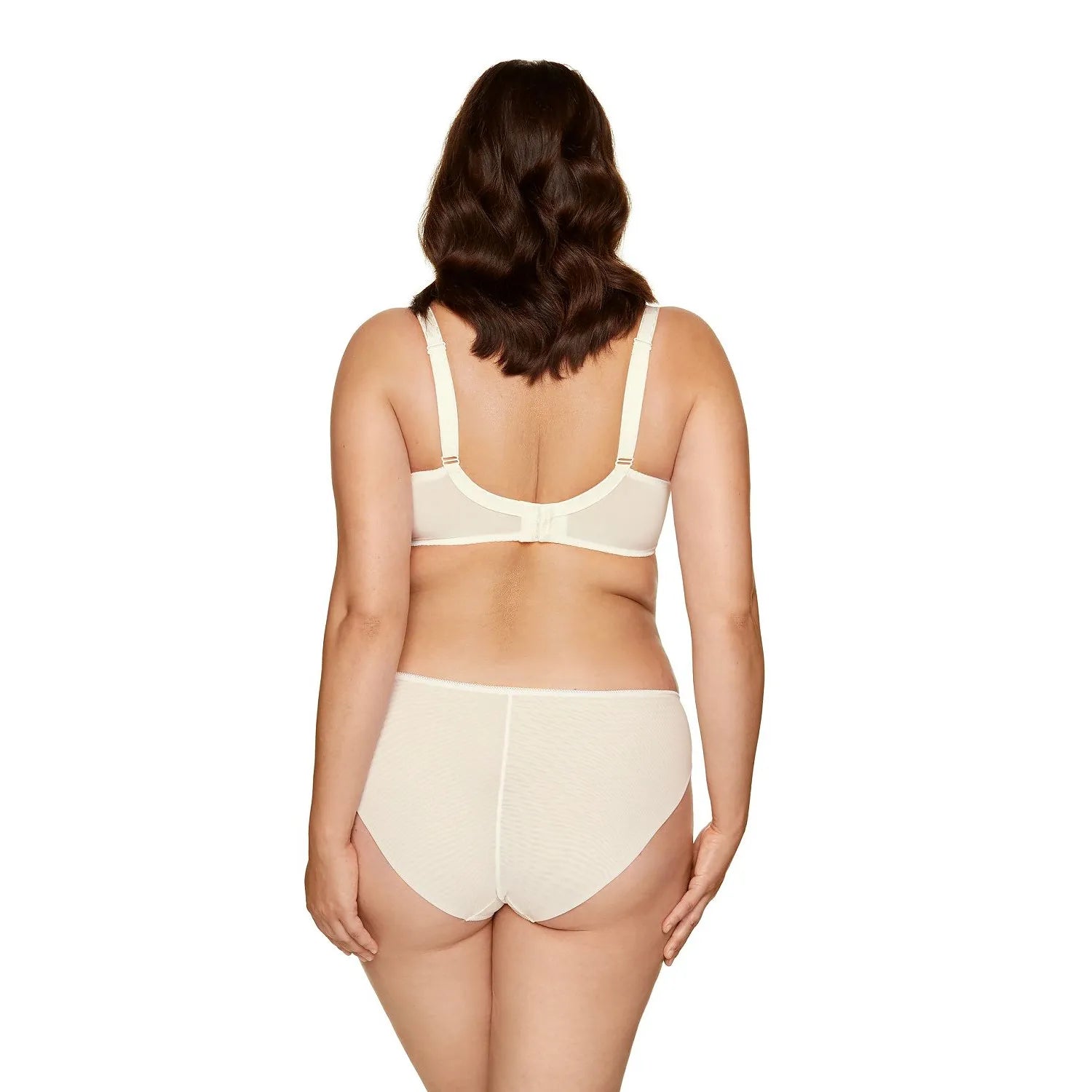 Culottes grande taille en tulle élastique ivoire avec broderies délicates, confort optimal, vue arrière sur mannequin.