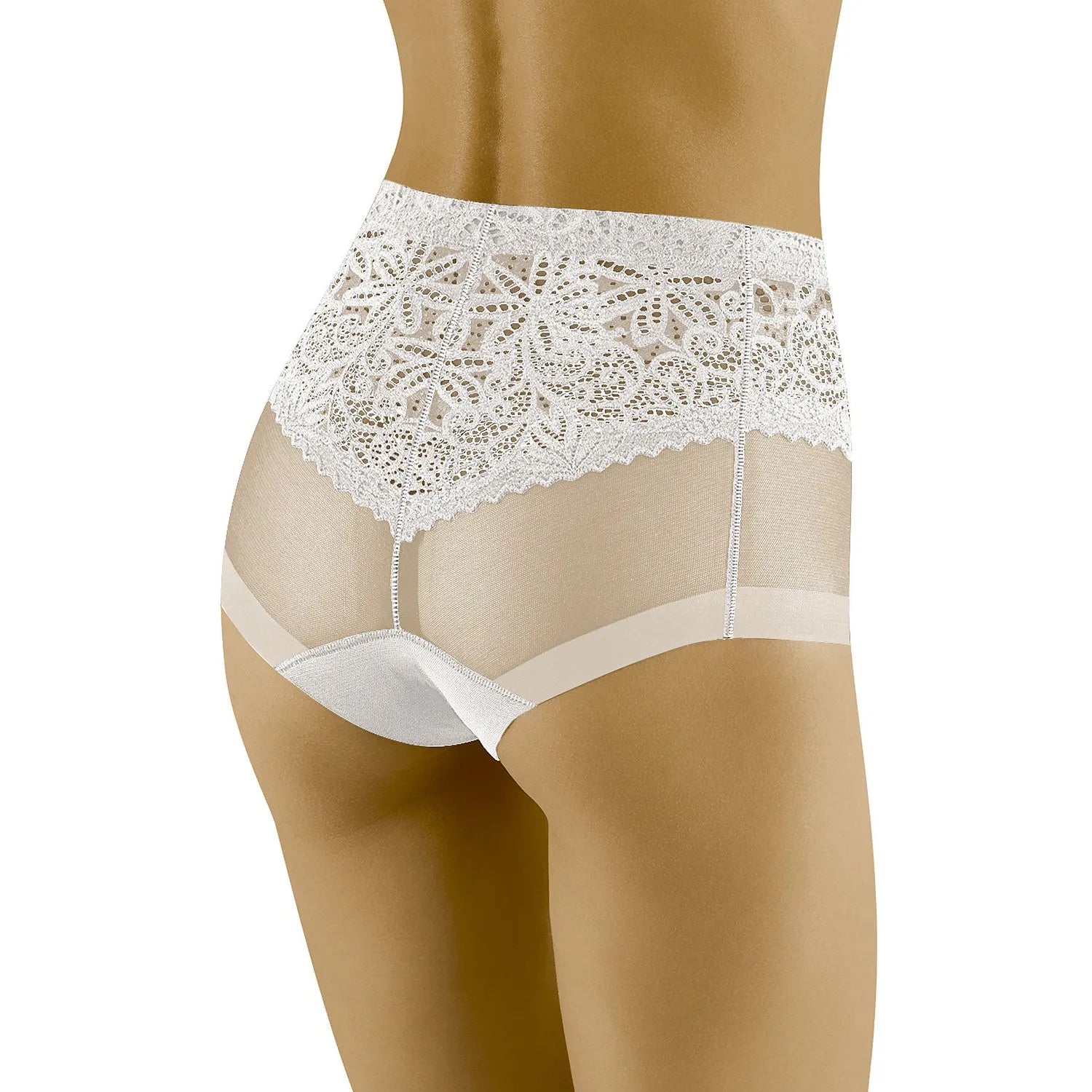 Culottes dentelle blanche vintage taille haute, motifs floraux, maille transparente, élégance féminine, lingerie sophistiq...