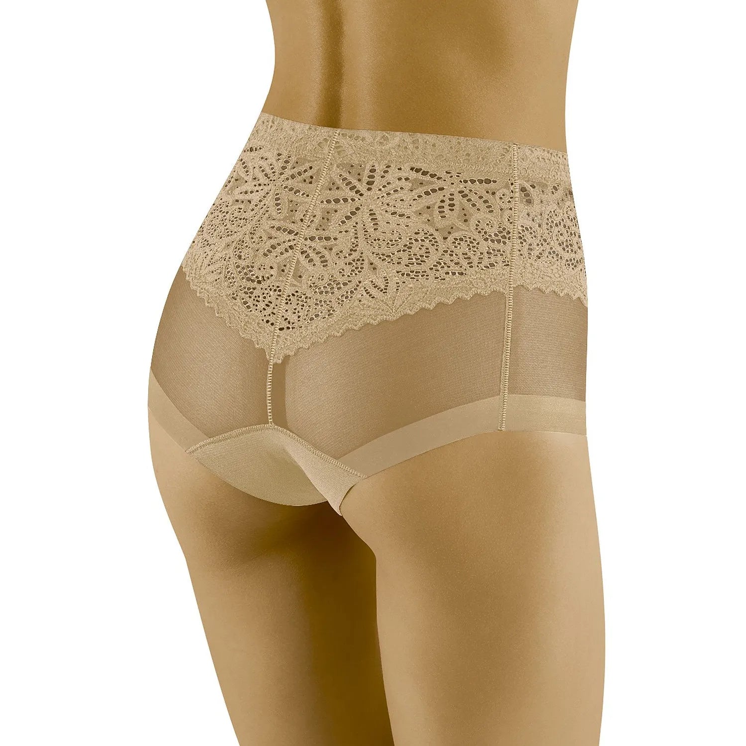 Culotte taille haute dentelle florale beige Wolbar 168418, élégante et confortable, maintien parfait, silhouette flatteuse.
