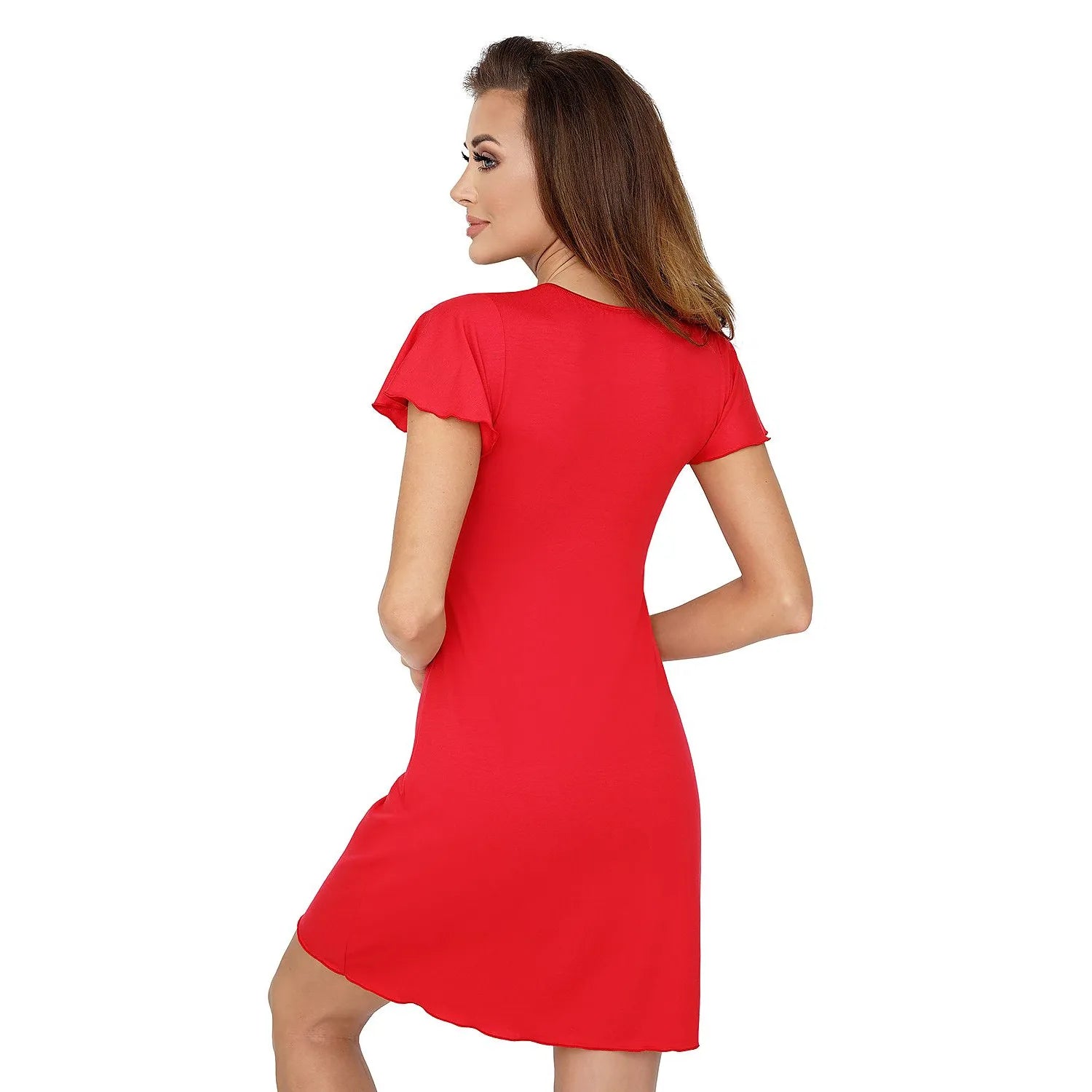 Chemise de nuit rouge, dentelle bicolore, décolleté fleuri, manches larges, corsage tricot opaque, élégance sensuelle.