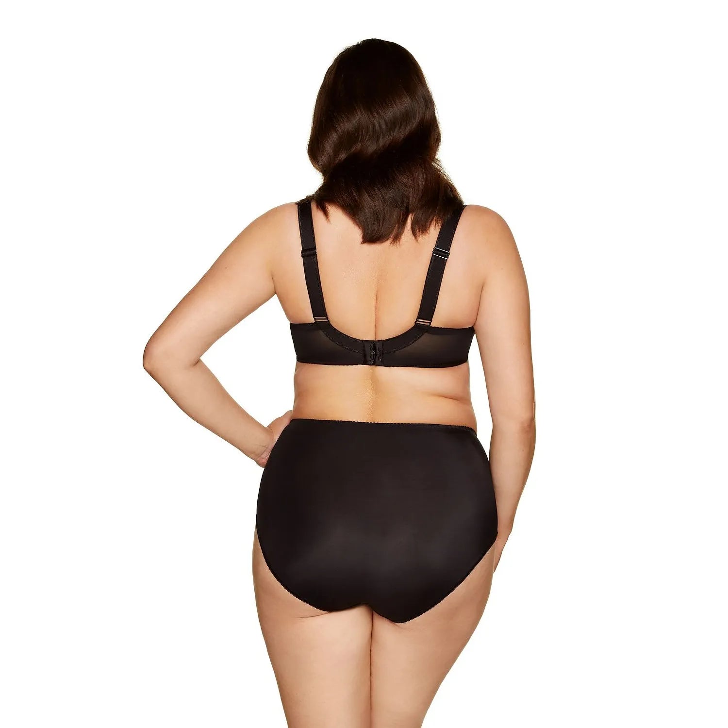 Ensemble lingerie noir, soutien-gorge classique et culotte haute, mesh transparent, microfibre douce, bretelles ajustables.