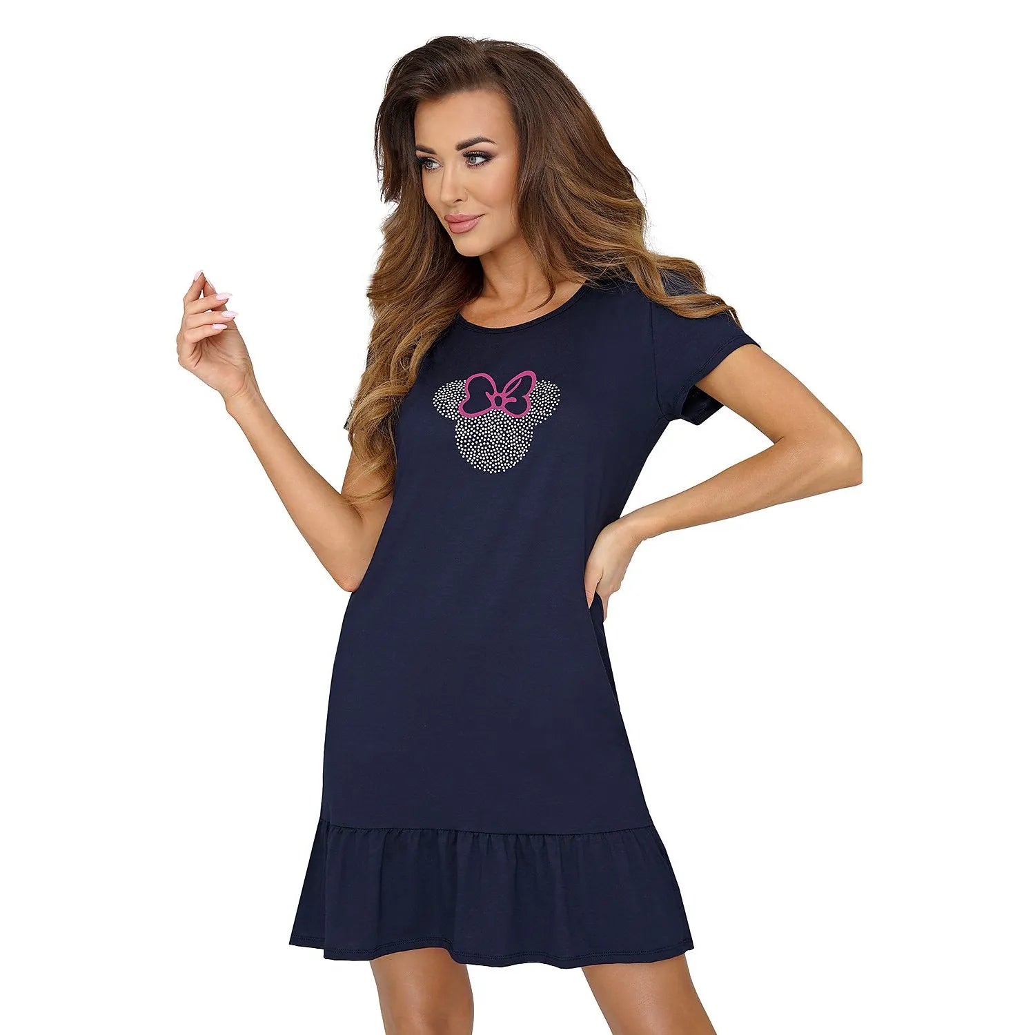 Chemise de nuit en coton model 172521 Donna manches larges encolure ronde volant froncé appliqué souris élégante