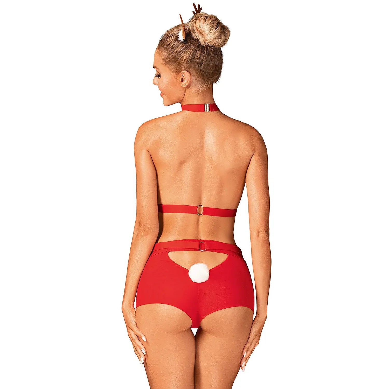 Costume érotique Noël rouge avec harnais, culotte taille haute, pompons blancs, anneaux métalliques, matière extensible.