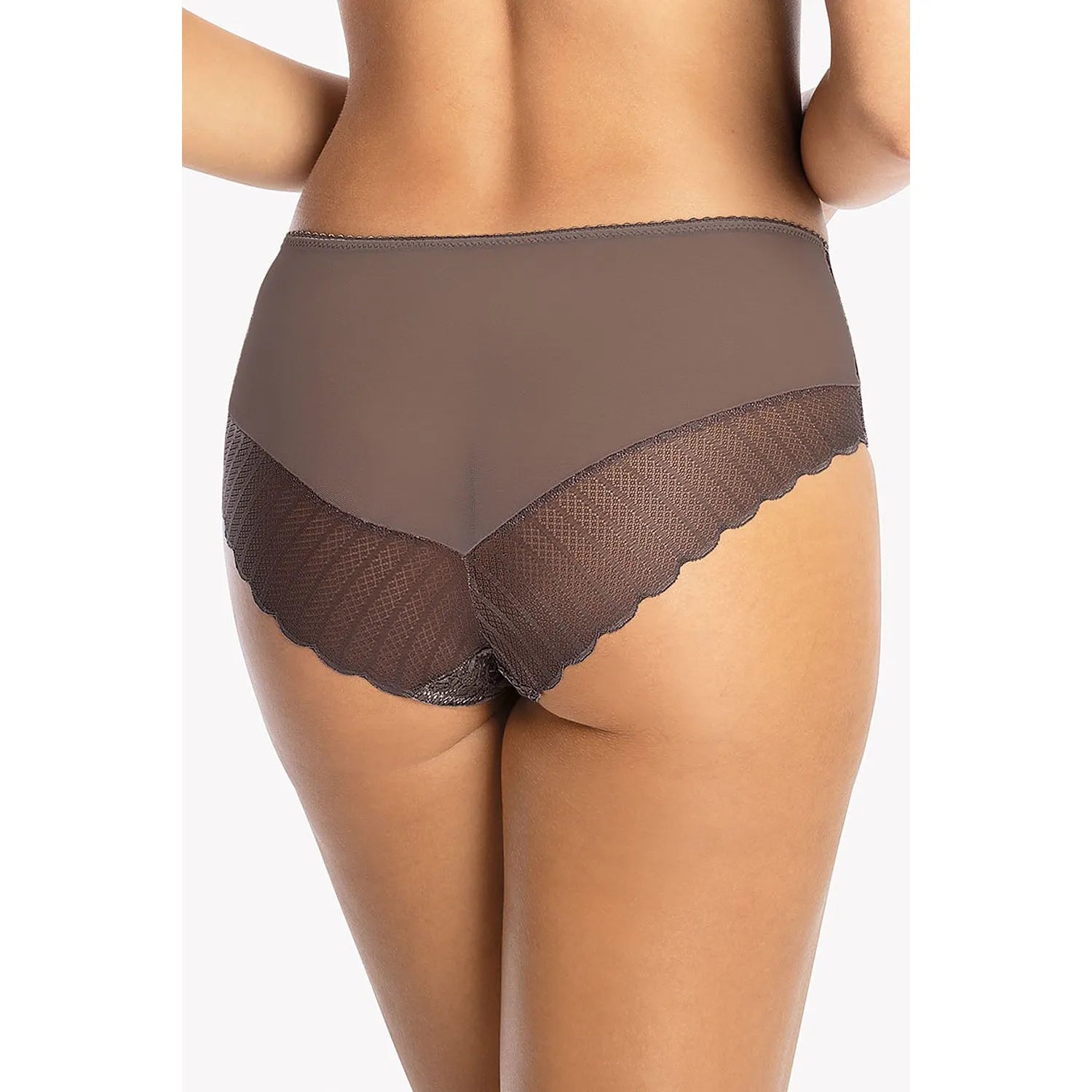 Culotte dentelle brune Gaia, florale, semi-transparente, coutures fines, bords élastiques, dos élégant et confortable.