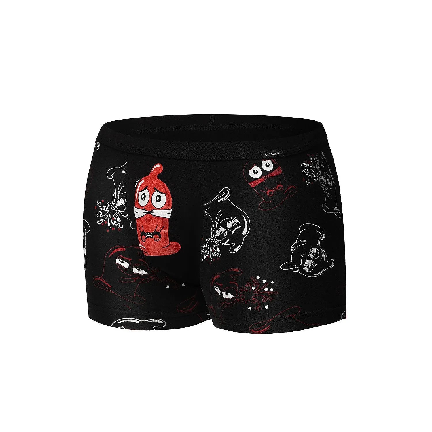 boxer humoristique Cornette coton élasthanne noir imprimé préservatifs anthropomorphisés rouge ceinture élastique maintien coupe ajustée confortable doux extensible quotidien cadeau