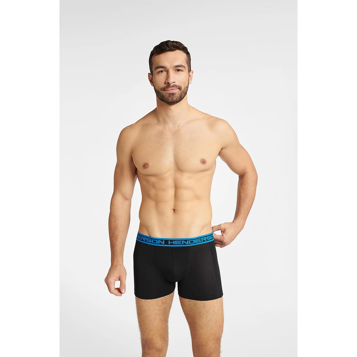 Boxer Henderson homme rouge bleu profond, coton élasthanne, ceinture élastique imprimée, coupe ajustée mi-cuisse.