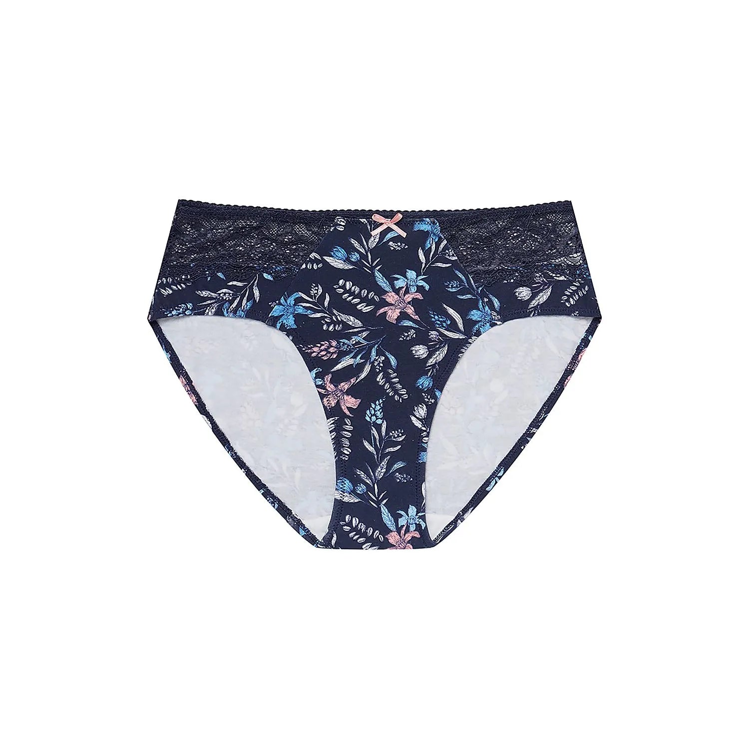 Culotte taille haute bleu marine, dentelle florale, coton élasthanne, motif floral, nœud discret, lingerie féminine.