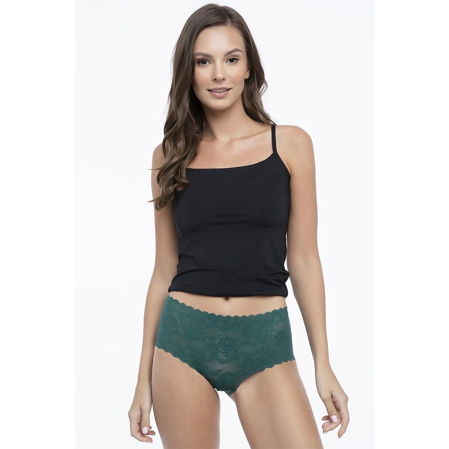 Culottes Julimex vert bouteille en dentelle florale, taille haute, élégance et confort pour femme, lingerie raffinée.