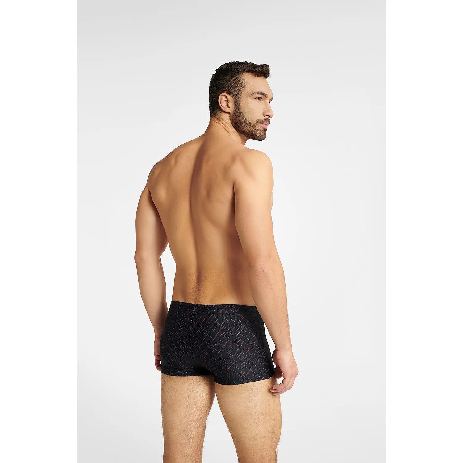 Boxer homme noir motif entrelacé rouge blanc, taille ajustée, confortable, sexy, coton polyester élasthanne.