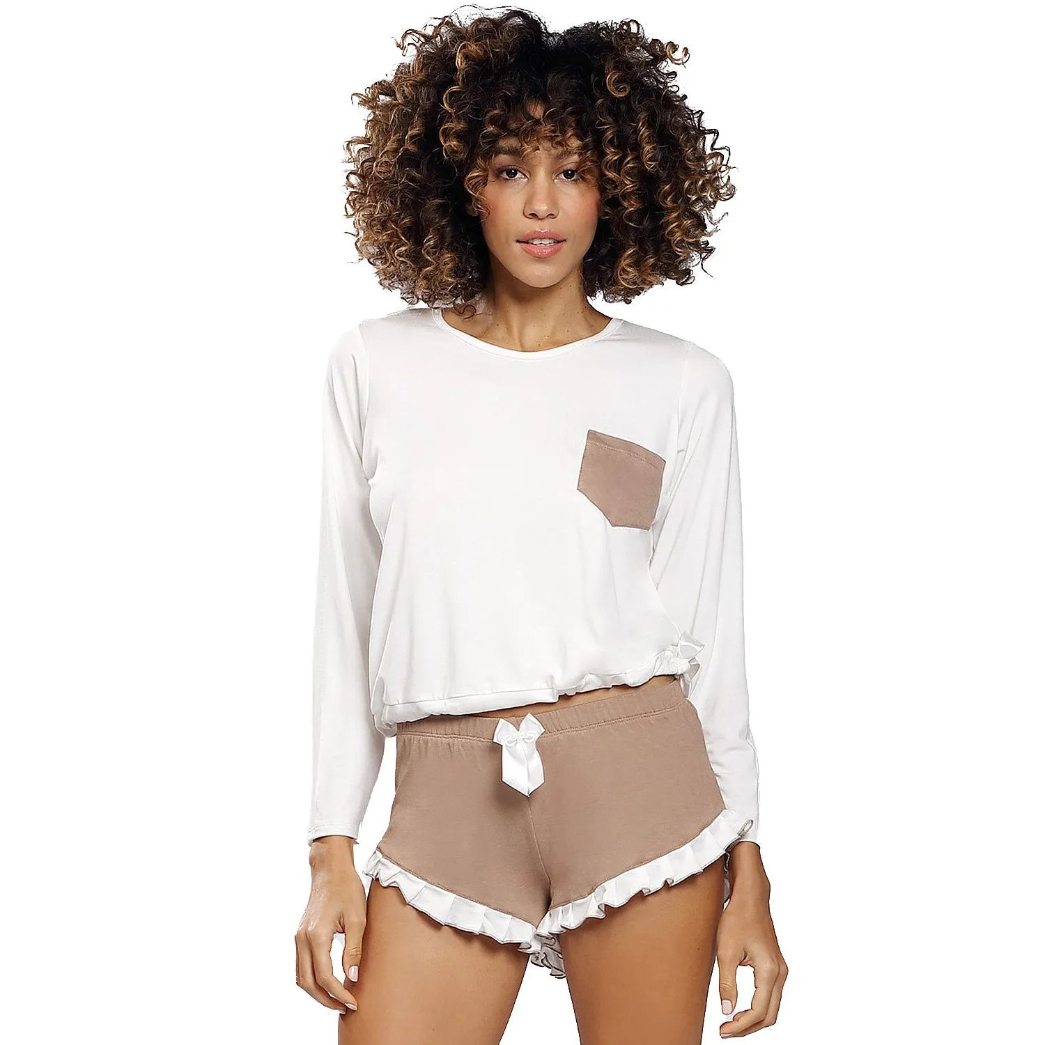 ensemble lingerie féminine viscose douce respirante élégante manches longues poche contrastante short volant nœud décoratif réglable beige blanc sophistiquée