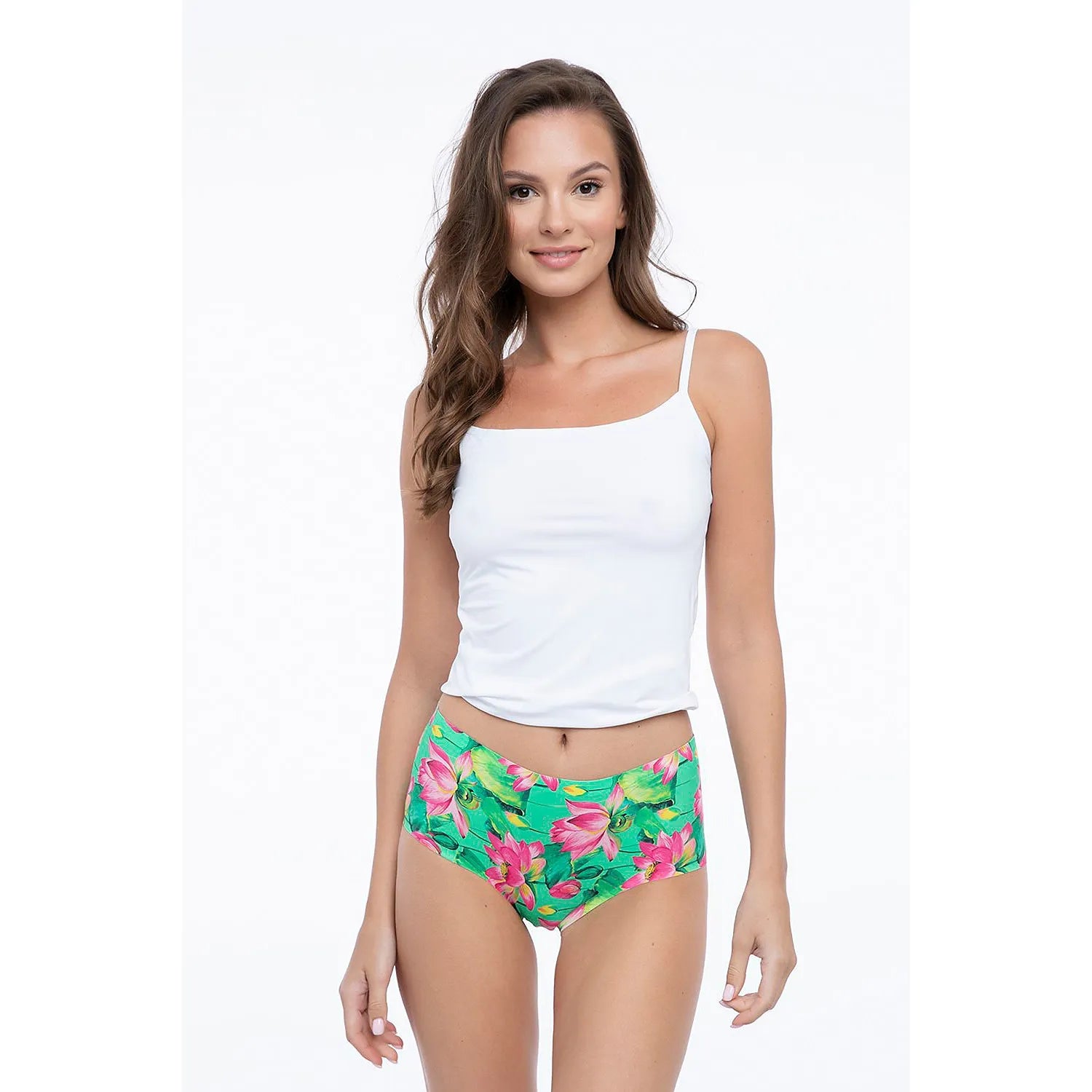 Culotte taille haute Julimex Lotus, imprimé floral vert, rose, jaune, design tropical, lingerie féminine élégante.