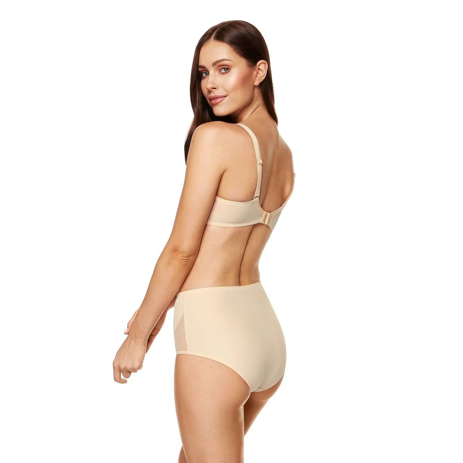 Ensemble lingerie Gorteks beige, soutien-gorge armatures, bonnets transparents, culotte, bretelles réglables, couture fine.