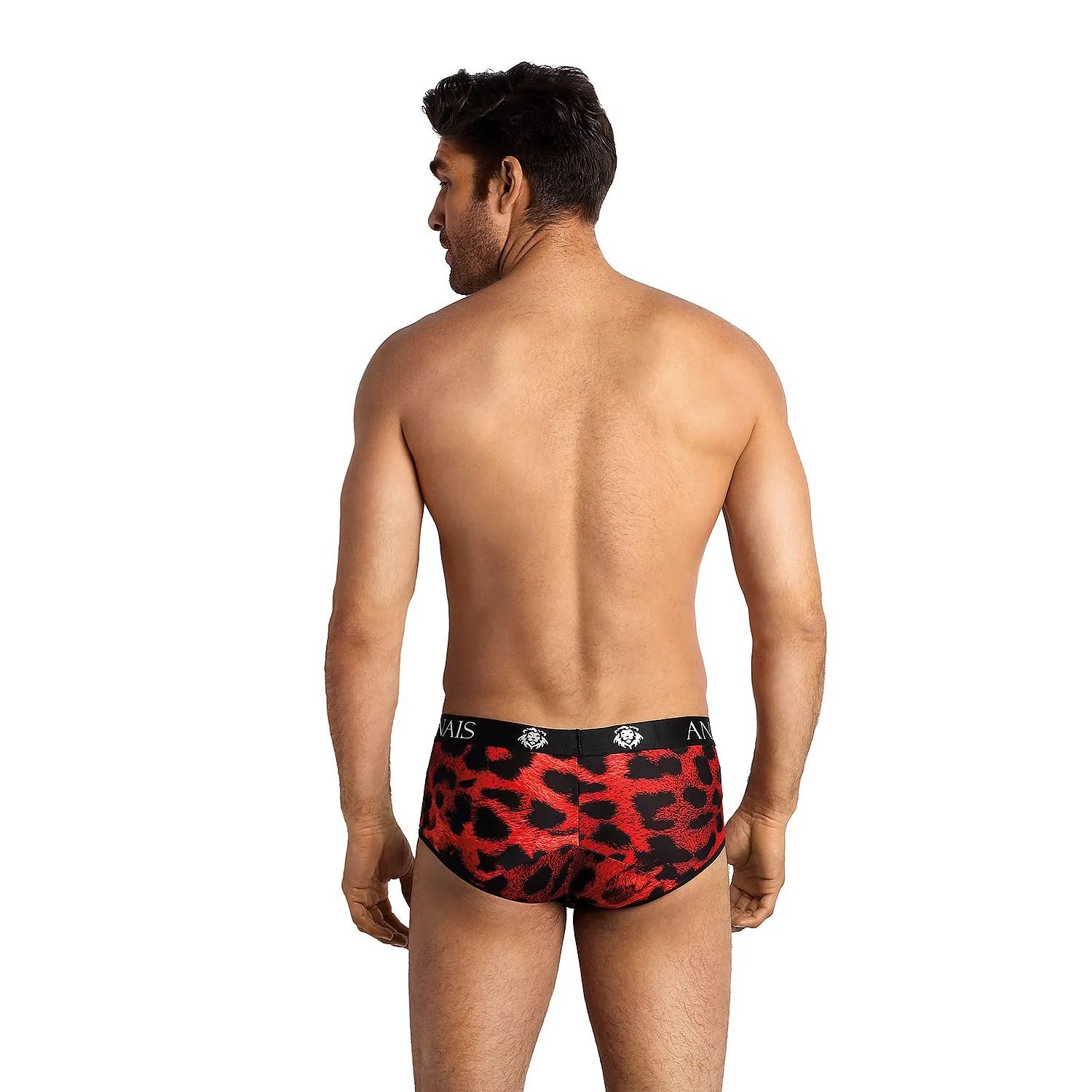 Boxeur homme imprimé léopard rouge, taille ajustable, en polyamide et élasthanne, design élégant et confortable.