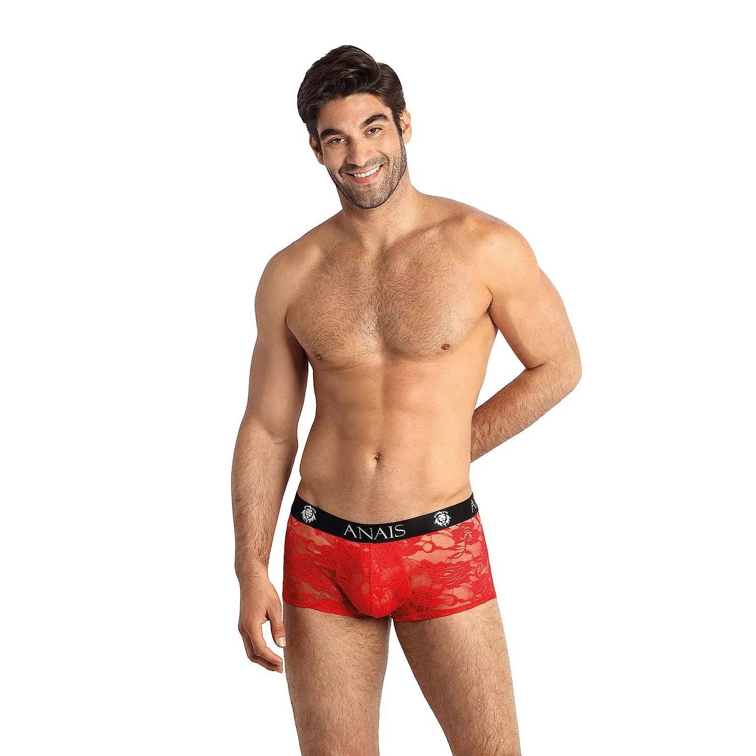 Boxer dentelle rouge sexy masculin élasthanne extensible polyamide confortable ceinture élastique logo ANAIS tailles L XL XXL XXXL