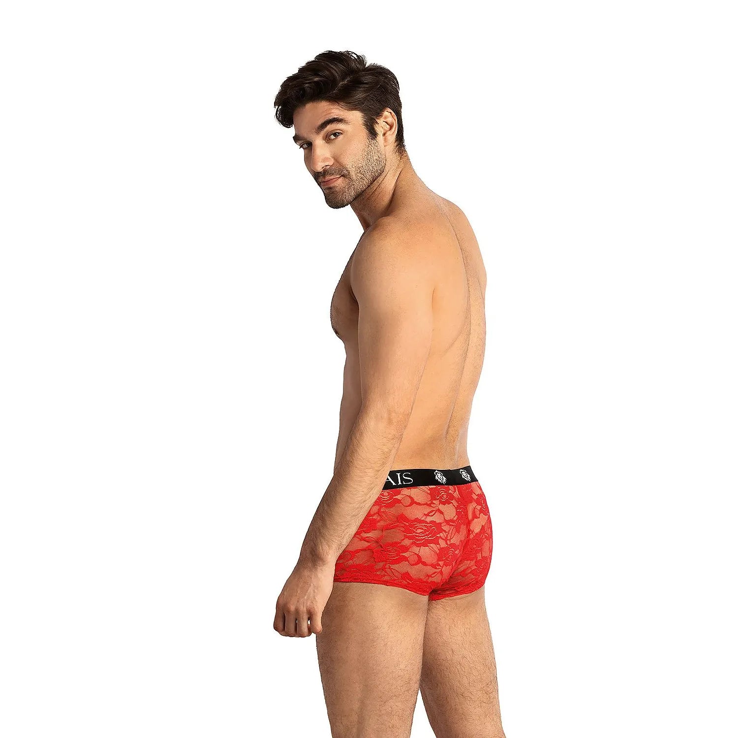 Boxer homme rouge en dentelle, ceinture élastique noire logo ANAIS, élégant et confortable, tailles L à XXXL.