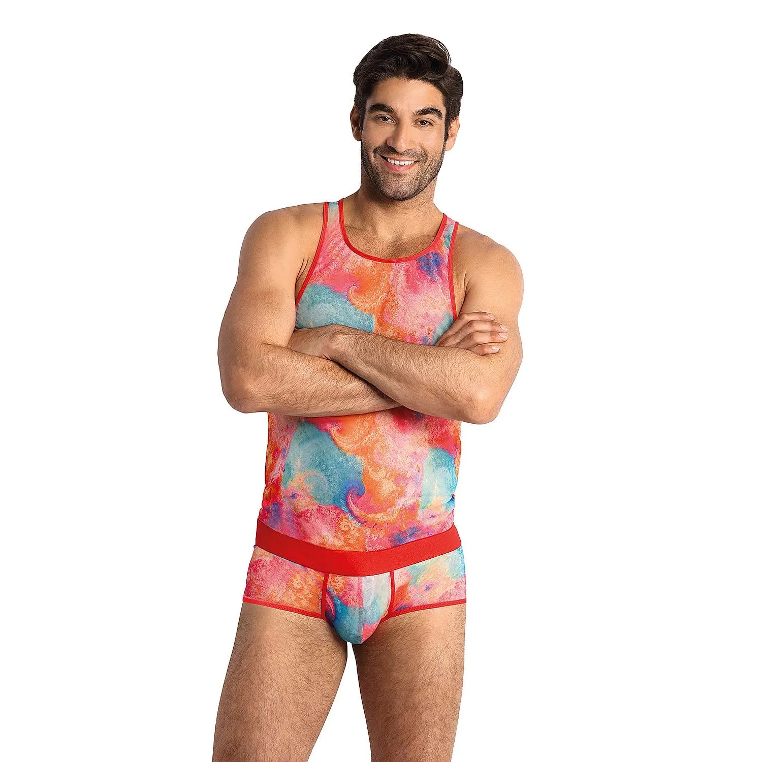 ensemble lingerie masculine élégant confortable débardeur boxer multicolore vibrant abstrait tourbillonnant marbré extensible respirant durable ajusté