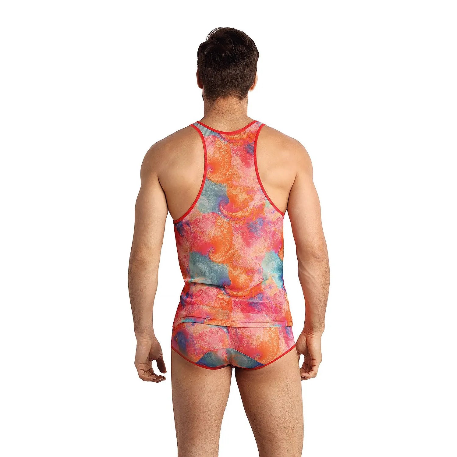 Ensemble lingerie homme débardeur boxer motifs tourbillonnants multicolores rouge bleu jaune rose, élégant et confortable.