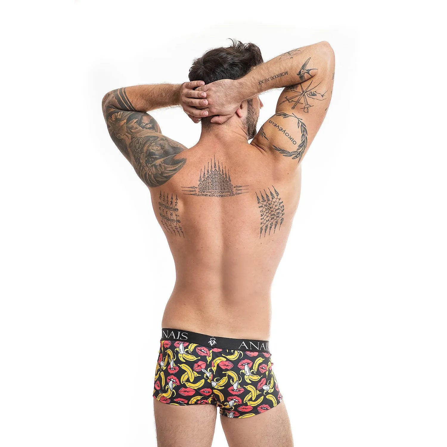 Boxer homme Anais motif banane et bouche, fond noir, élasthanne et polyamide, humoristique et original.