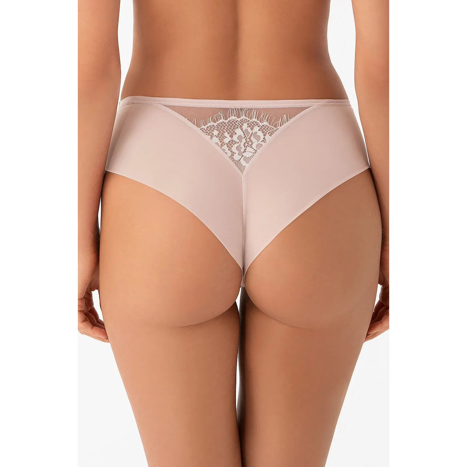 Culotte brésilienne dentelle florale Gorsenia, couleur chair pâle, design élégant et confortable, maille transparente.