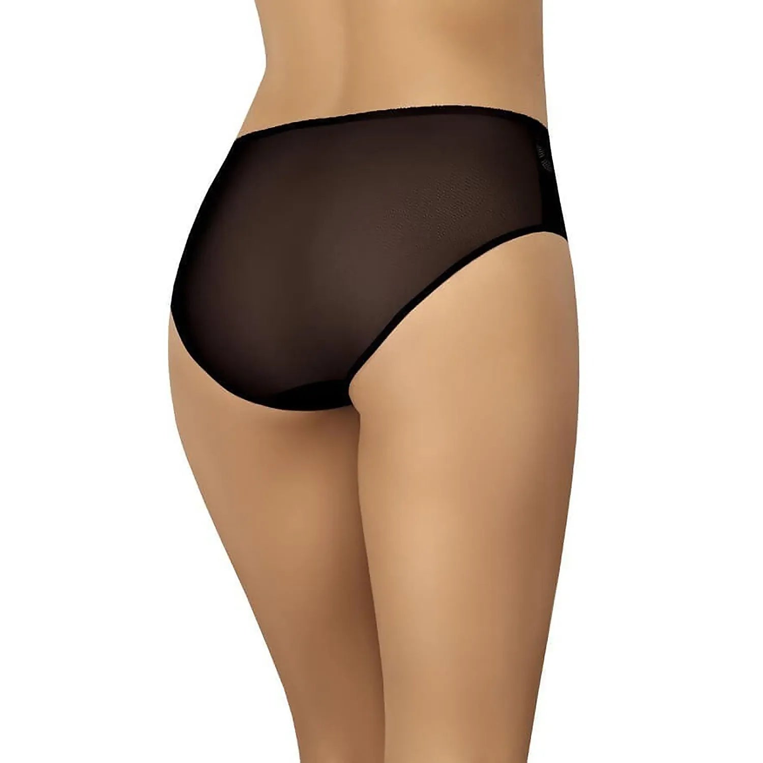 Culotte noire taille haute en dentelle florale, maille fine transparente, élégante et confortable, vue de dos.