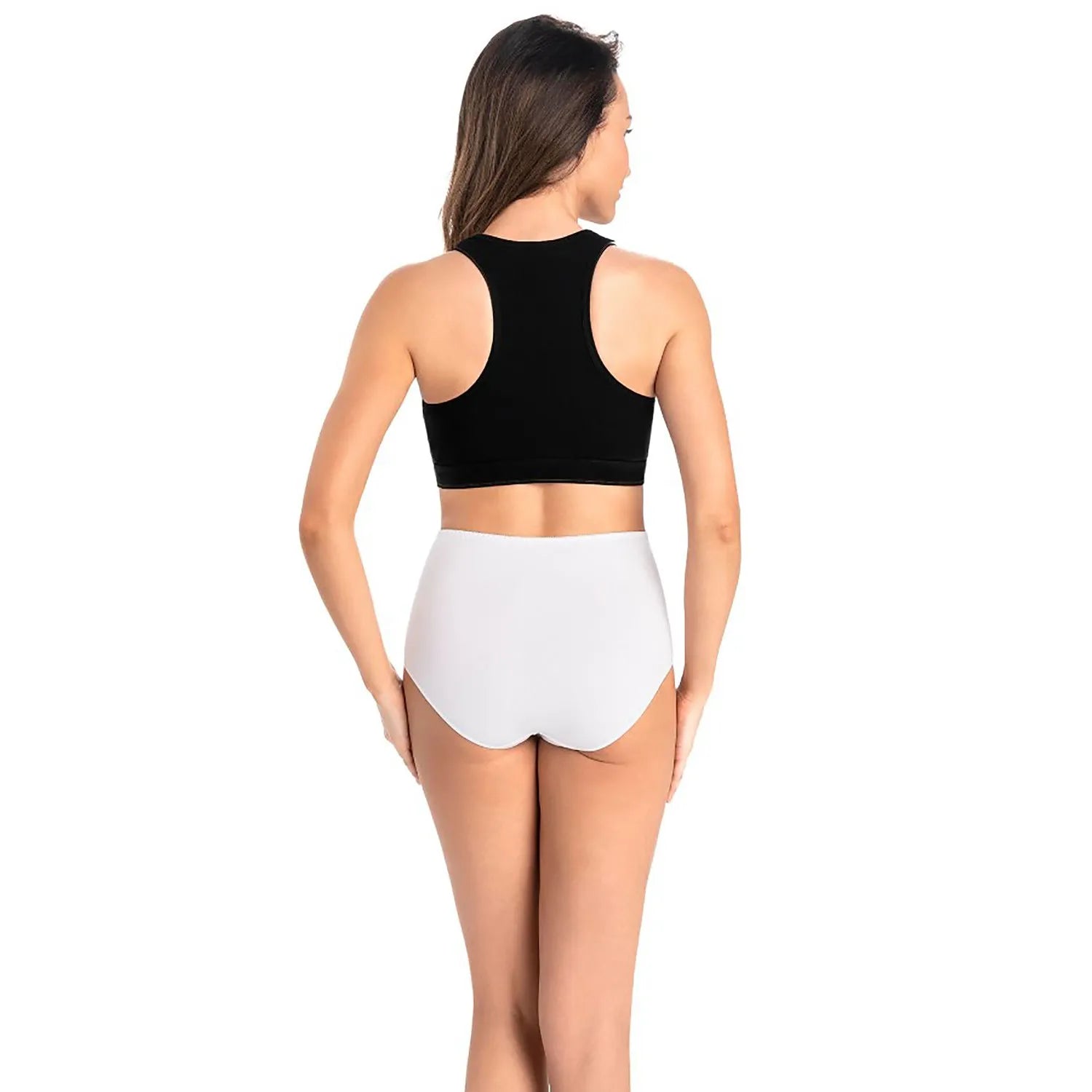 Ensemble lingerie noir et blanc, brassière maille transparente, culotte taille haute, style élégant et confortable.