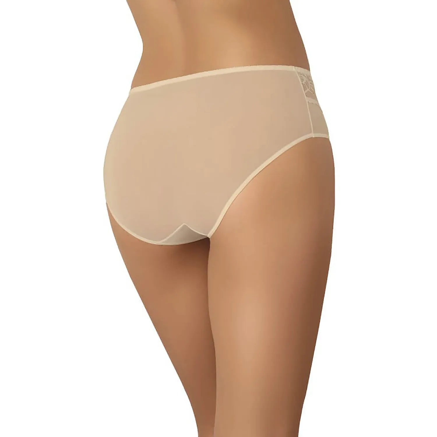 Culotte taille haute beige en dentelle florale, confort élastique, maintien optimal, lingerie féminine élégante.